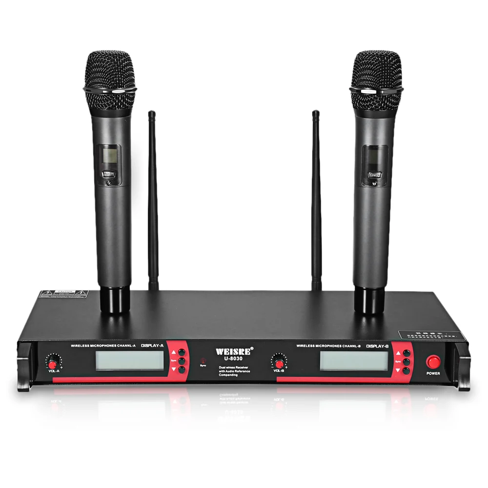 Weisre U-8030 профессиональный двухканальный беспроводной набор для караоке с ультракоротковолновым микрофоном 2 микрофона + 1 приемник + антенна + 1 пара набора для монтажа в стойку