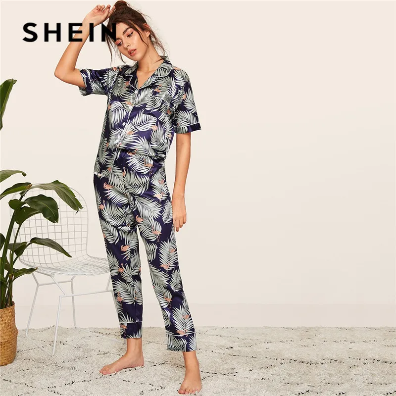 SHEIN Сатиновые весенне-летние пижамы с принтом, женская одежда, короткий рукав, длинные штаны, одежда для сна, повседневный комплект свободных пижам для дам
