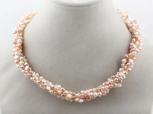 

5Strand 6-7mm Pink and White Freshwater Pearl Twisted Necklace