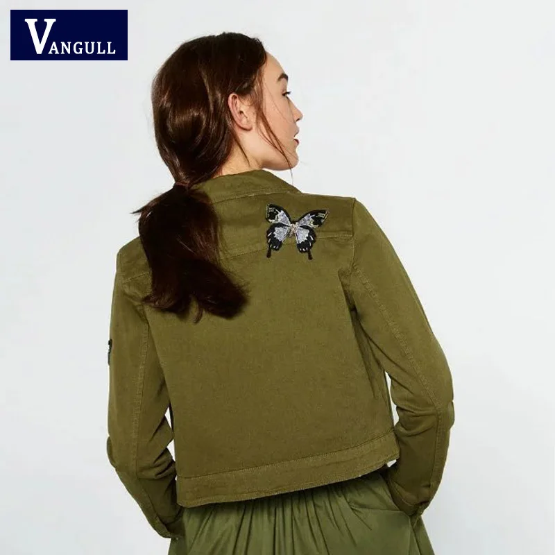2017 Весна Army Green куртка с бабочками и цветами вышитые женщин Высокое качество