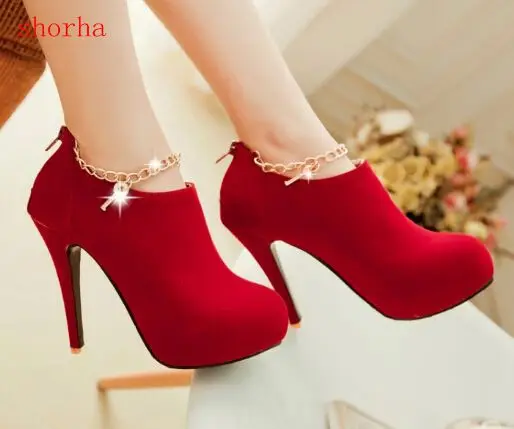 shorha 2018 New Fashion Women Flock Pumps woman Round Toe super Thin High Heels Shoes ladies chain Zipper | Обувь
