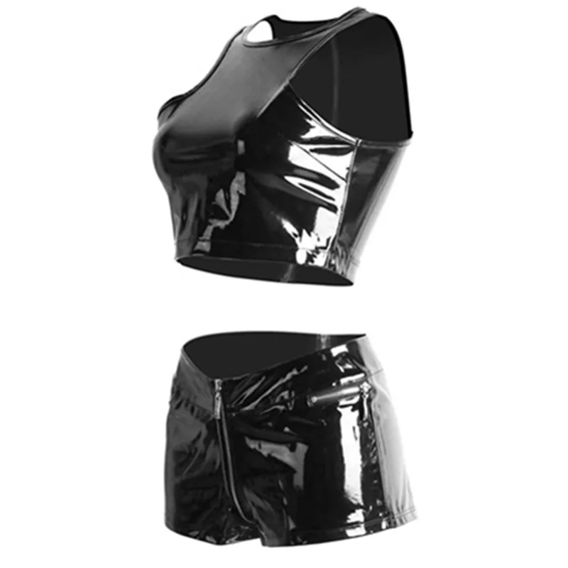 

Hot Catsuit Leather Leotard Sets Sexy Women Latex Catsuit crotchless Body suit Sexy Two pieces Zipper Shorts And Tops Clothing