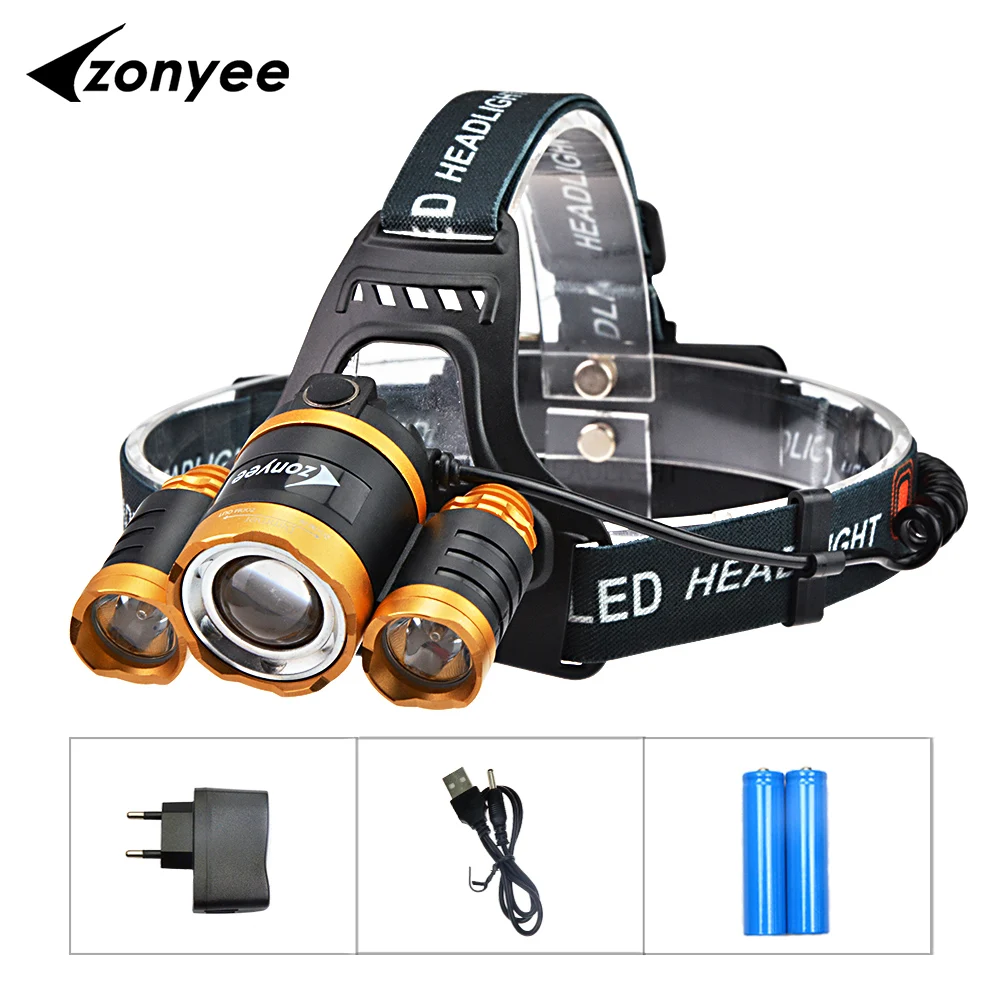 Zonyee светодиодный налобный фонарь 3T6 с перезаряжаемой головкой 10000LM CREE 4 режима +