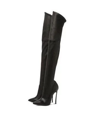 

Fashion Style Women Sexy Solid Black Flock Leather Over The Knee Boots Pointed Toe High Thin Metal Heel Dress Winter Shoes