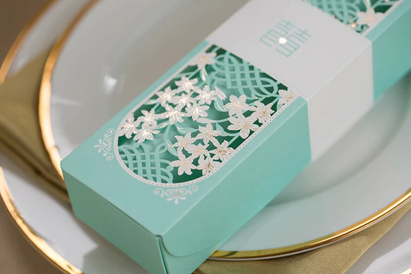 50 шт. Tiffany Blue, Свиток, лазерная резка, упакованная коробка для свадебных приглашений с узлом-бабочкой, для печати, свадебные украшения, принадлежности