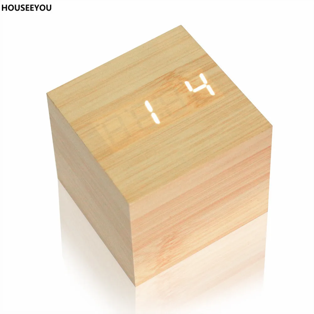 Modern Wood Cube LED Digital Alarm Clocks Thermometer Temp Date Display Calendars Square Desktop Clock Home Decor | Дом и сад