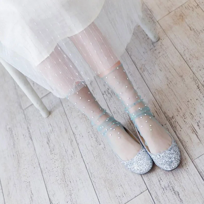 ZZIYEETTM 1 Pair Summer Trendy Romantic Shiny Socks Breathable Chic Glitter Crystal Ultra-thin Lace for Girls | Женская одежда