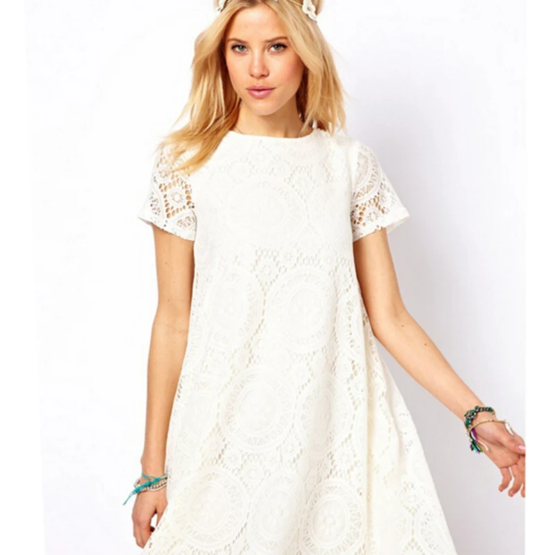 Vestidos Femininos Woman Casual Dress 2020 Summer Short Sleeve O-Neck Plus Size Lace Mini Dresses Vestido De Renda S-3XL | Женская