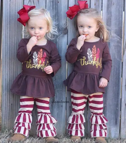 

Kids Baby Girl Thanksgiving Dress Tops Stripe Pants Leggings Outfits Clothes Set
