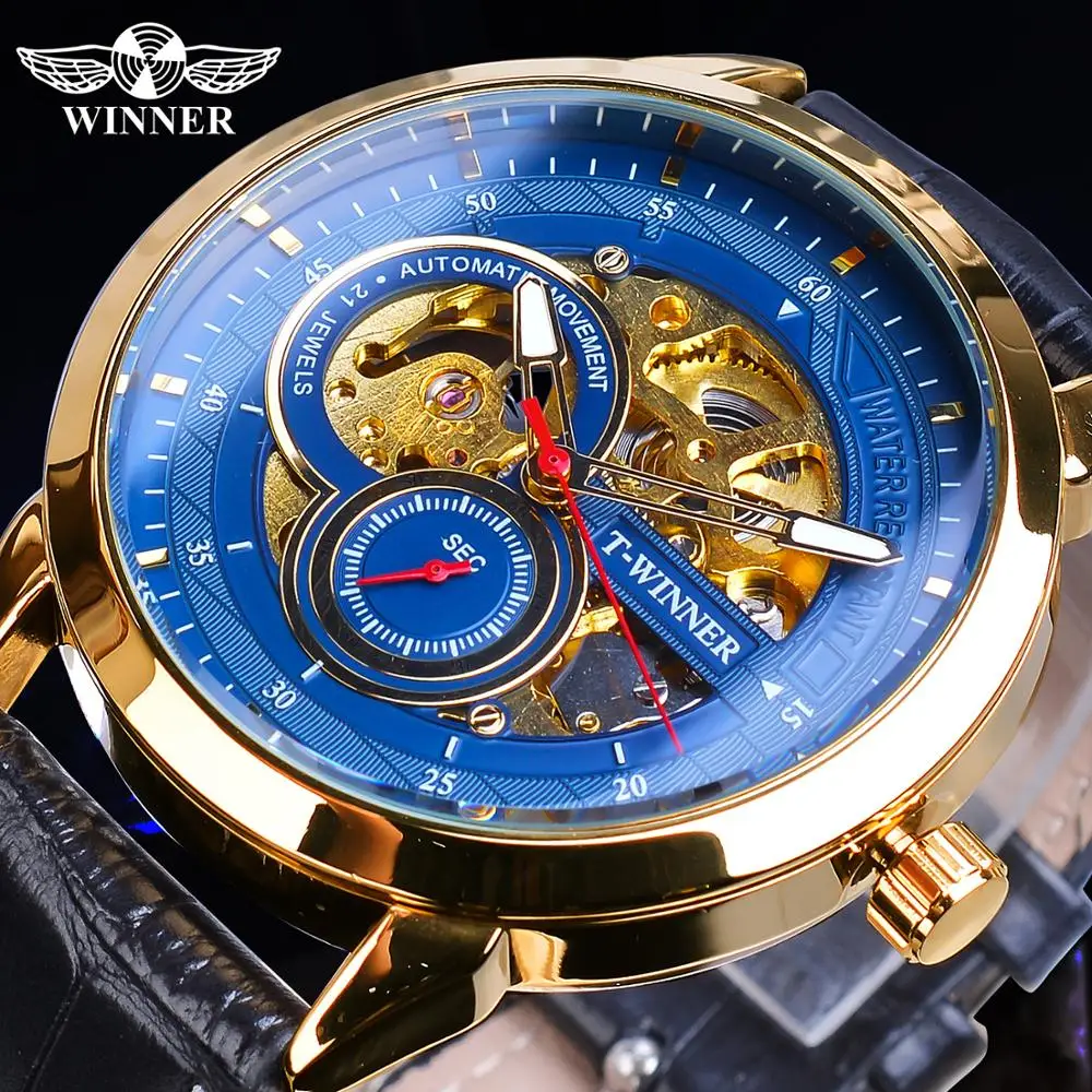 

Winner Skeleton Blue Mechanical Watch Men's Automatic Classic Golden Case Black Leather Wrist Watches Reloj Hombre 2019 Dropship