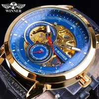 winner skeleton blue mechanical watch mens automatic classic golden case black leather wrist watches reloj hombre 2019 dropship