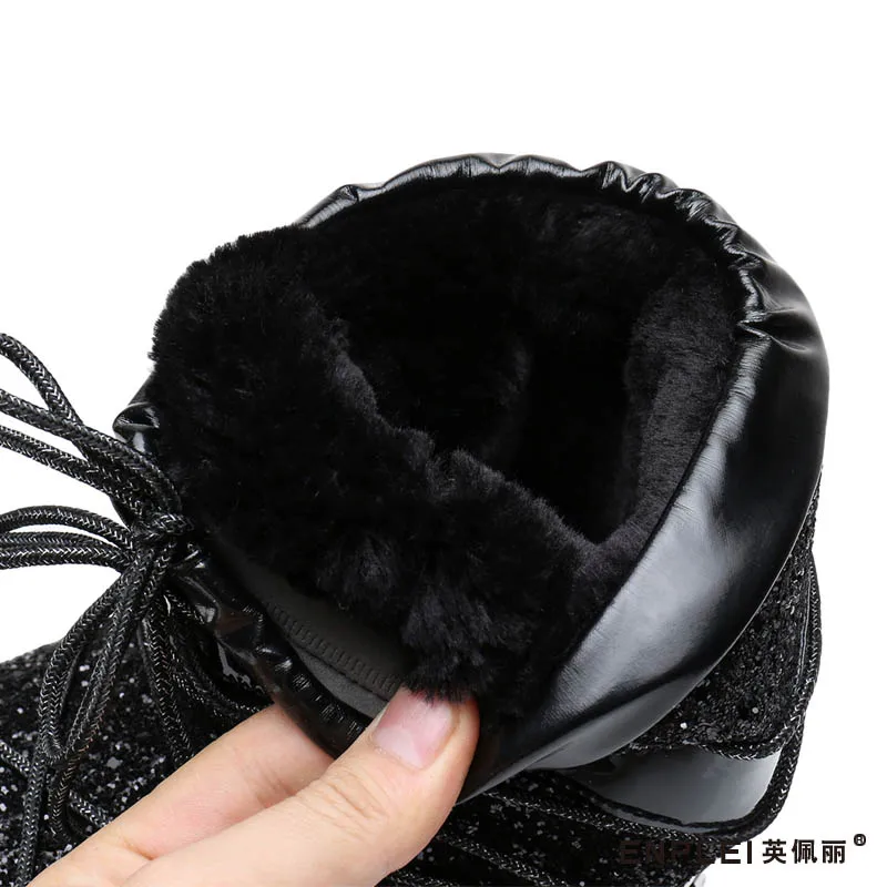 Зимние женские ботильоны на шнуровке золотистого и серебристого цвета