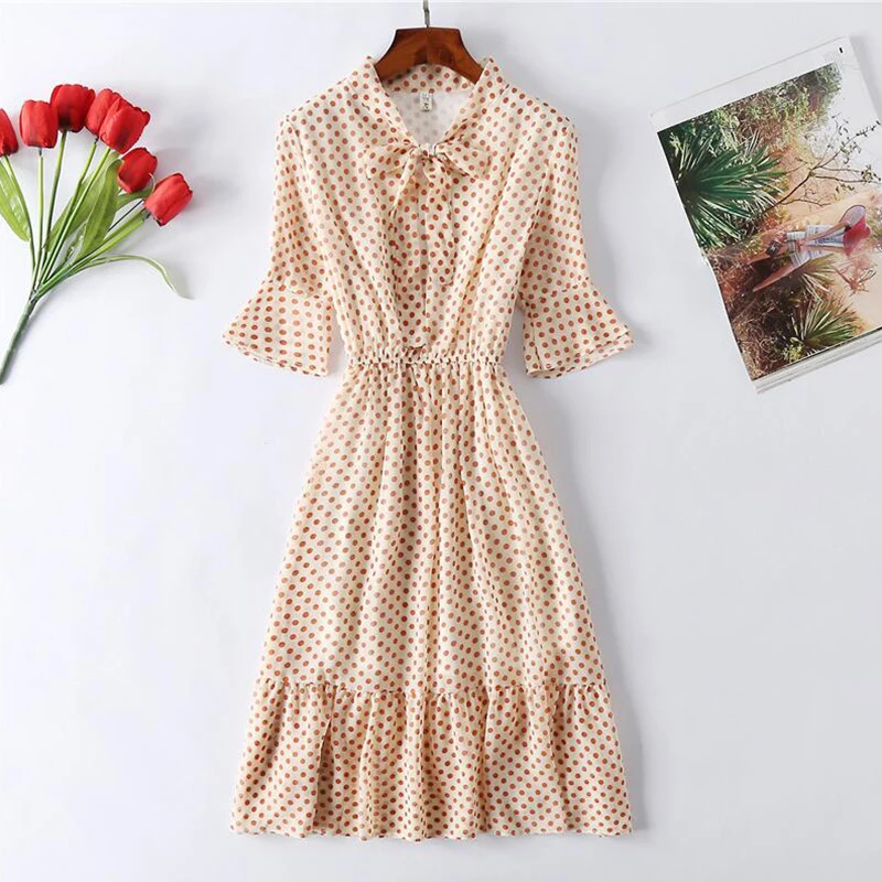 2019 Chiffon New Leisure loose summer Women dress Short sleeve Floral print Bow tie Elastic Waist A-line aa907 | Женская одежда