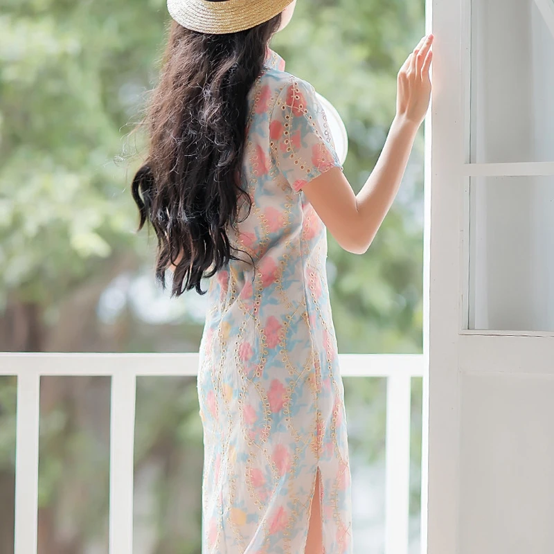 Китайское платье Ципао hanfu летнее с коротким рукавом Китайская традиционная