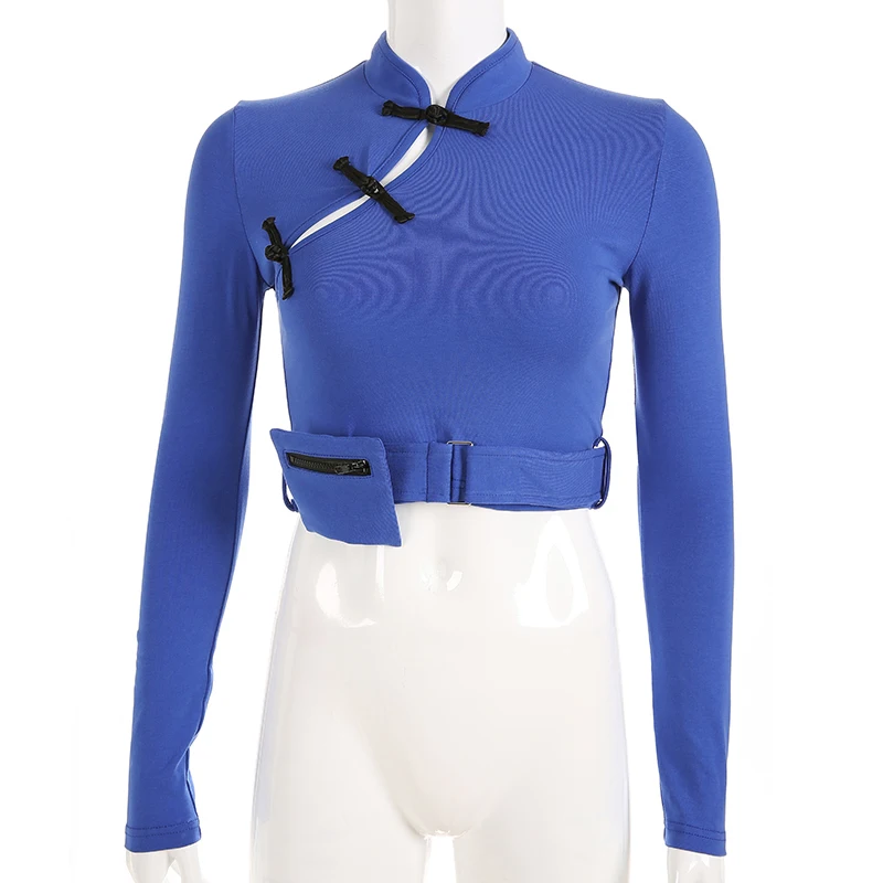 Darlingaga Chinese style fashion cotton female t shirt autumn winter long sleeve women buckle waist bag crop top 2020 tees|Футболки| |