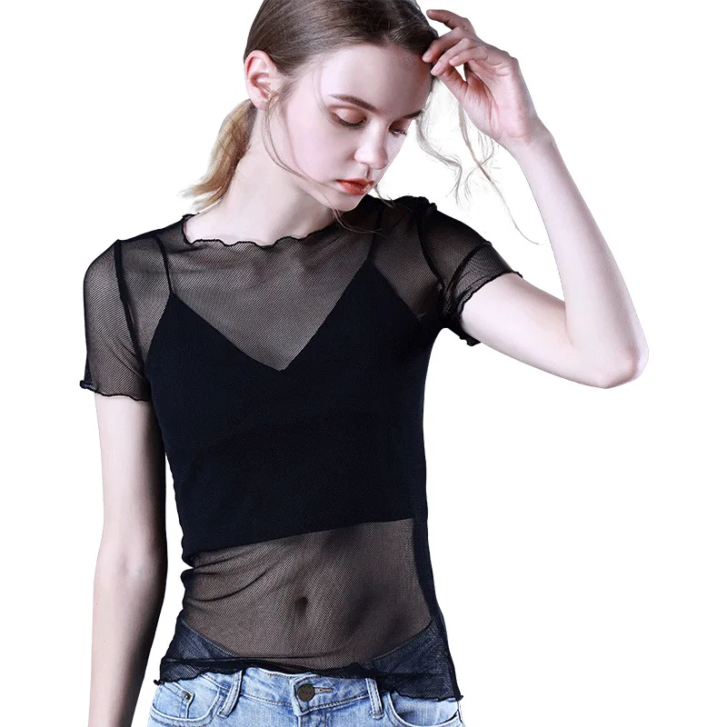 Сетчатая Базовая рубашка для женщин тонкая прозрачная блузка нейлон спандекс