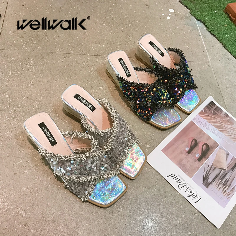Wellwalk/женские шлепанцы с перекрестными ремешками на танкетке 4 см женские летние