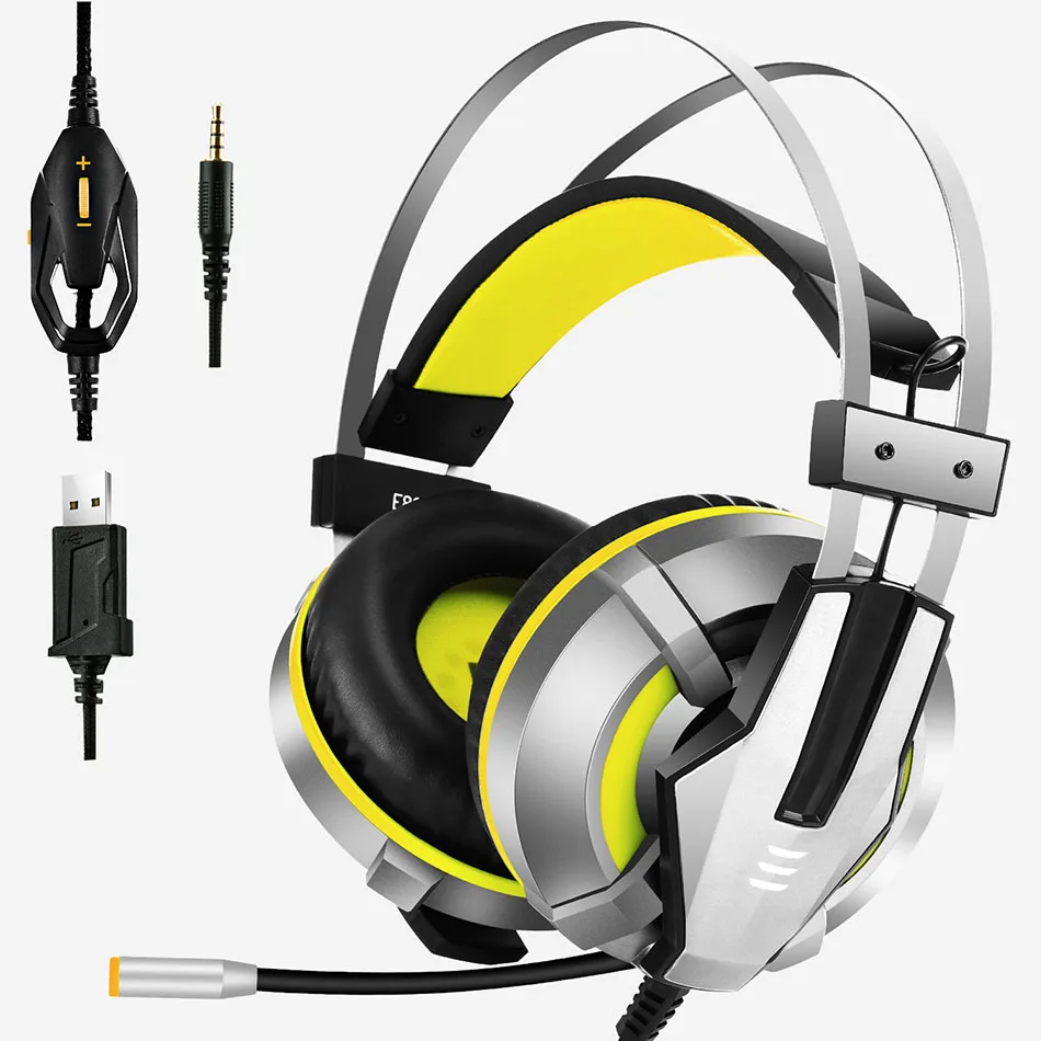 Yellow EKSA E800 геймерская гарнитура мягкие амбушюры над ухом игровая гарнитура синие желтые наушники с поворотным микрофоном светодиодный светильник для PS4 ПК Xbox - Цвет: Yellow