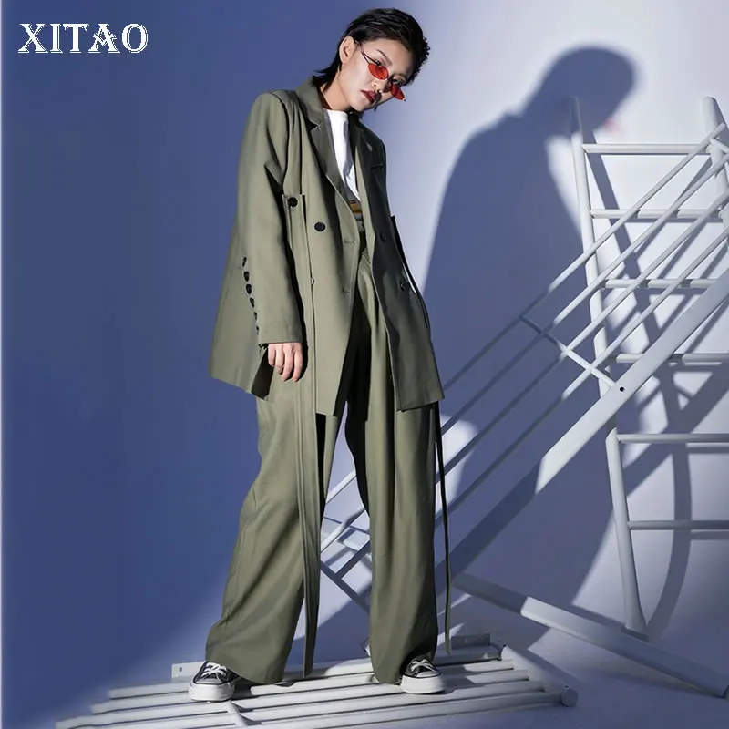 XITAO, винтажный комплект из двух предметов, v-образный вырез, кардиган, талия, кнопка, летящий Топ, женские корейские модные штаны,, Осенние, элегантные, WLD2075