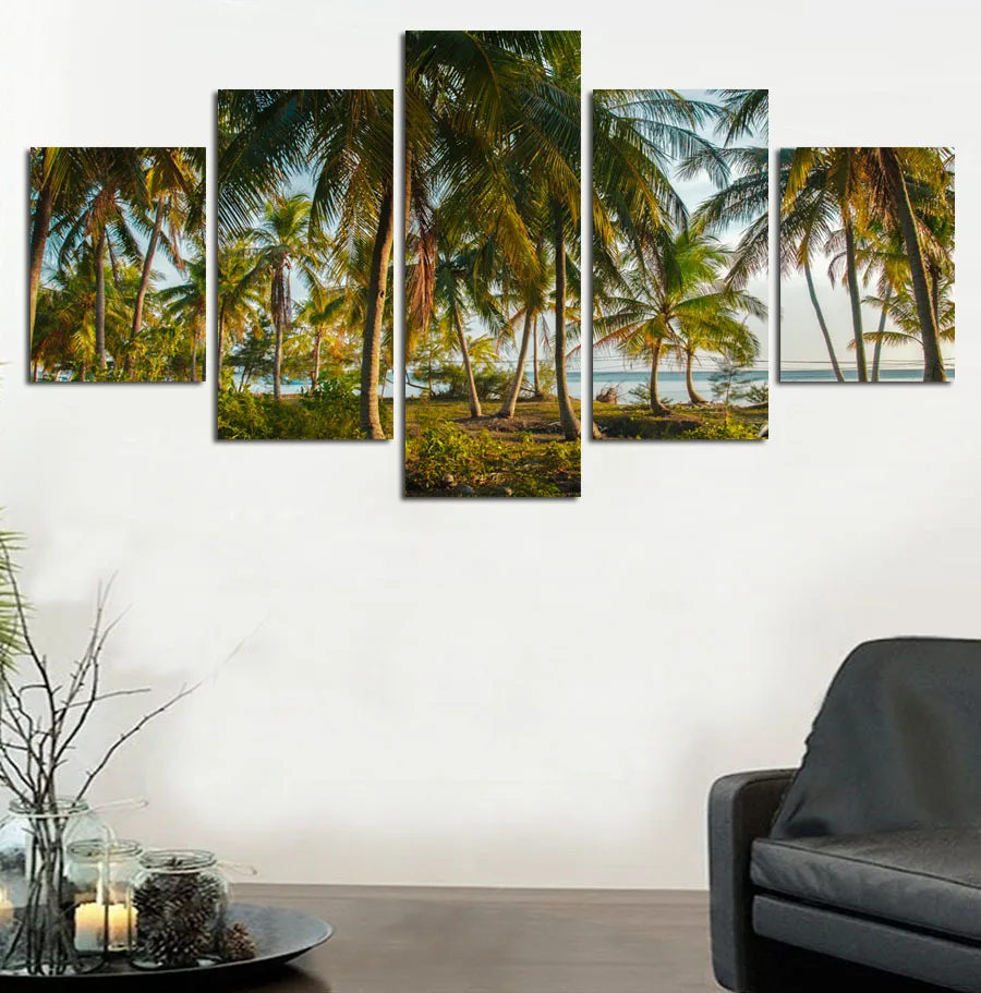 

Gohipang Home Decor Canvas HD Prints Poster Living Room Unframe 5 Pieces Beach Coconut Tree Seascape Paintings Wall Art Pictures