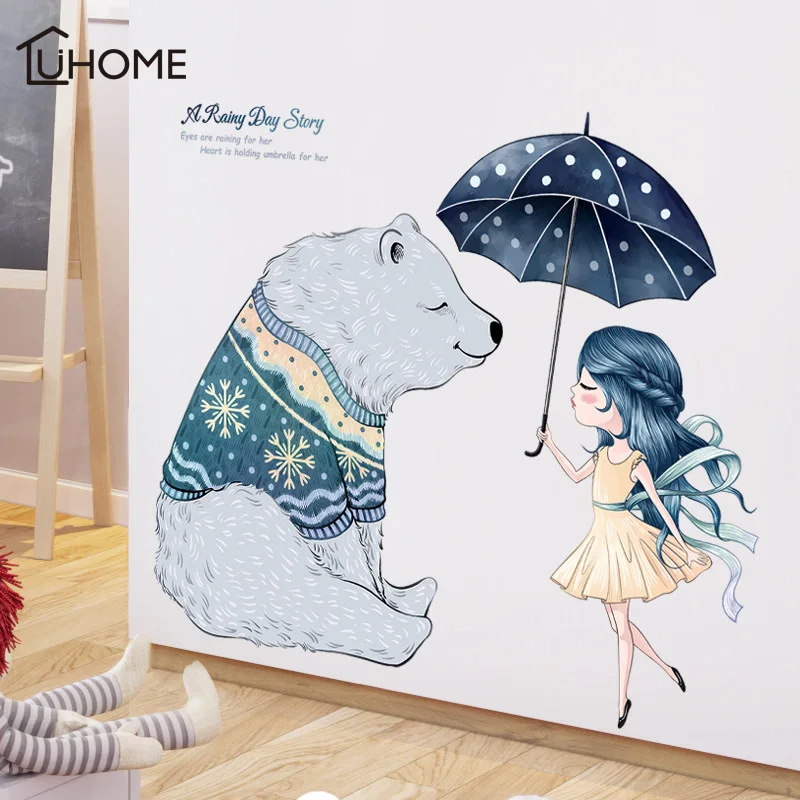 

Cartoon Rainny Day Story Cute Bear Girls Wall Stickers for Kids Room PVC Decorative Wall Stickers Nursery Baby Children Decor