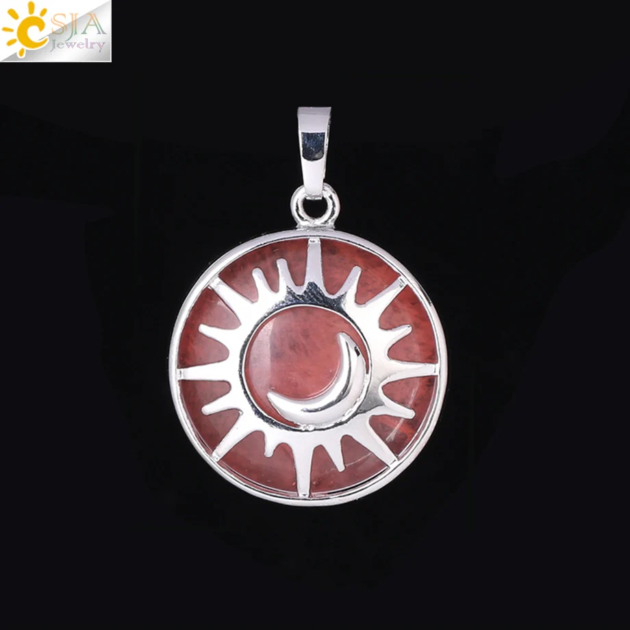 Watermelon Crystal CSJA солнце и луна подвесной Рейки Исцеление натуральный камень, фиолетовый, белый кристалл кварцевые бусины для изготовления ювелирных изделий ожерелье для женщин мужчин F336 - Окраска металла: Watermelon Crystal