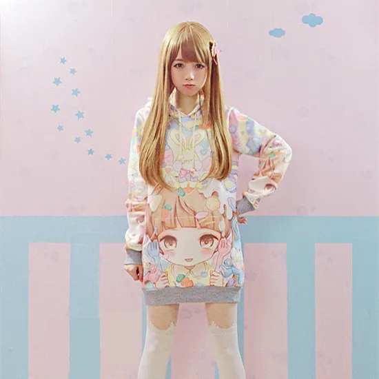 Женские толстовки в японском стиле Харадзюку милые свитшоты с капюшоном Зимние