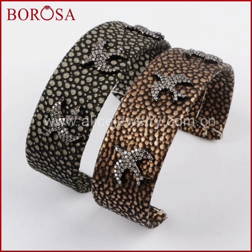 Модный браслет BOROSA 3 шт. ручной работы из рыбной кожи с фианитом и птицами