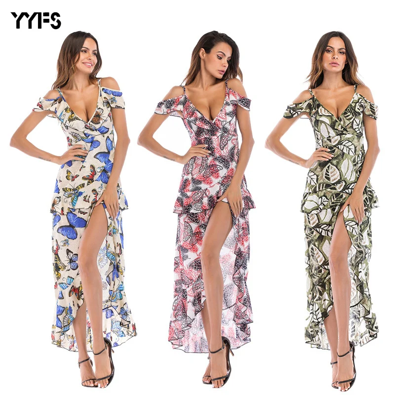 Женское длинное платье с принтом YYFS богемное пляжное глубоким v образным вырезом