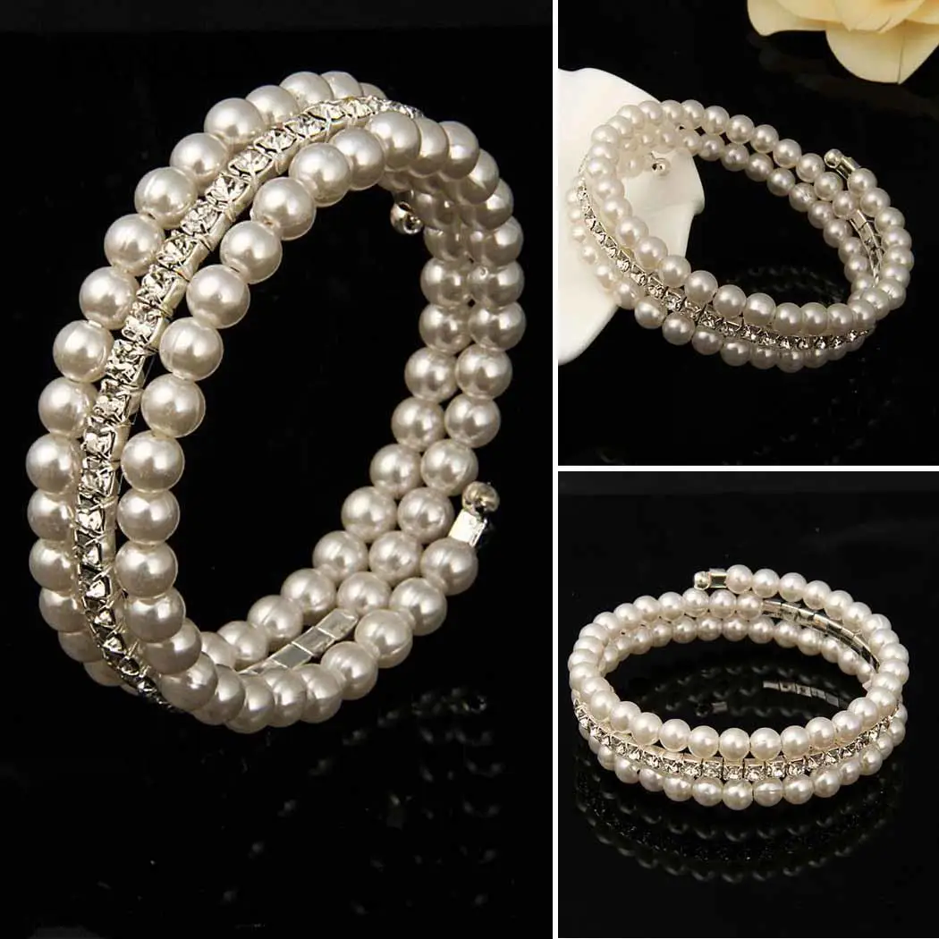 Multilayer Women Fashion Faux Pearl Rhinestone New Open Bangle Bracelet | Украшения и аксессуары