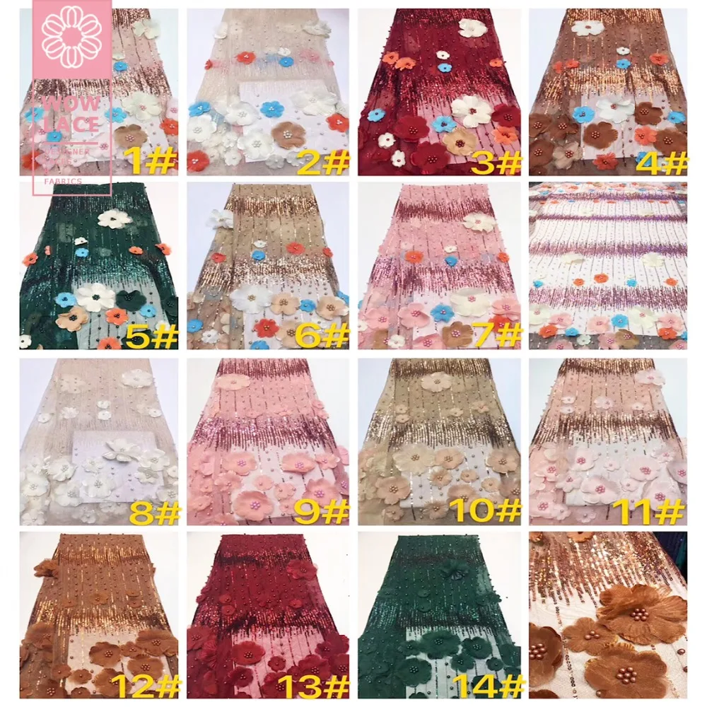 

Colourful Flower 3D Applique Net Lace Fabric French Sequins Beads Voile Mesh Laces For Guinean Wedding Dress Mesh Lace Material