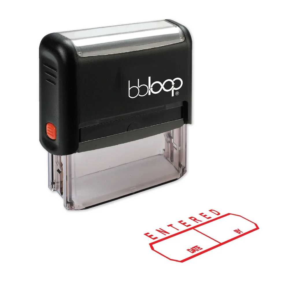 

BBloop "ENTERED" W/Date And By Box Self-Inking Stamp, Rectangular, Laser Engraved, RED