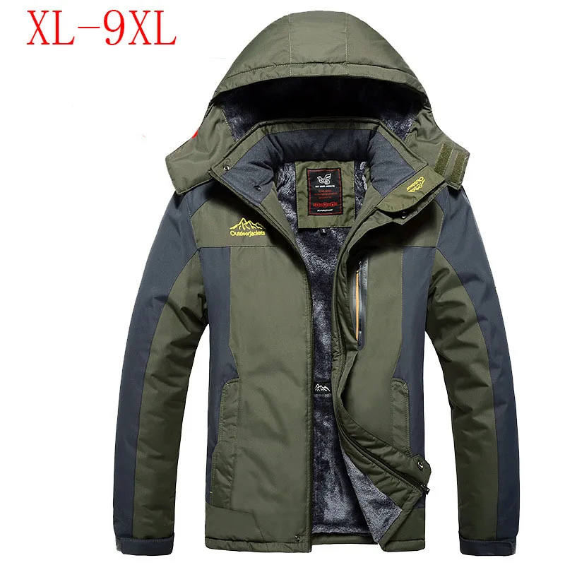 Армейский зеленый Мужская верхняя одежда, большие размеры 9XL, быстросохнущее водонепроницаемое уличное пальто, зимнее теплое плюшевое стеганое мужское длинное пальто с капюшоном, 25'C, парки, пальто - Цвет: Армейский зеленый