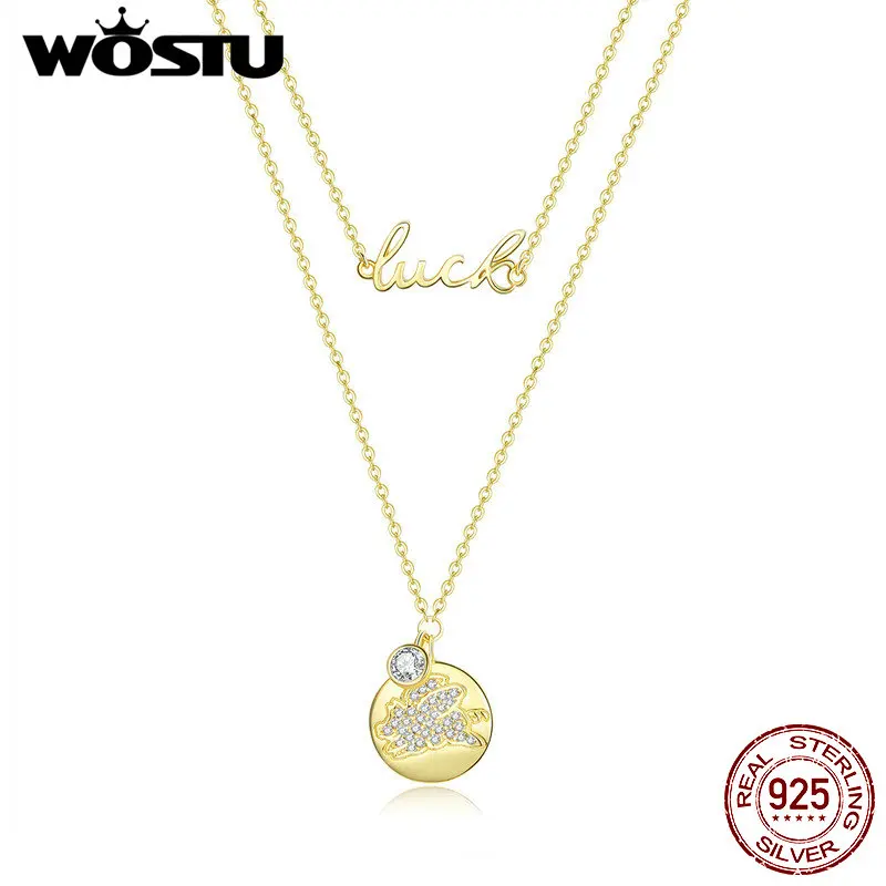 WOSTU, золотой цвет, Двойная Цепочка, ожерелья, 925 пробы, серебряная подвеска с цирконием, длинная цепочка для женщин, модное ювелирное изделие, подарок FNN090