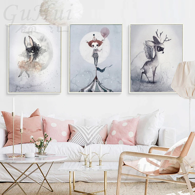 Современные качели кролик Девочки Ангел мультфильм лев рисунок на холсте