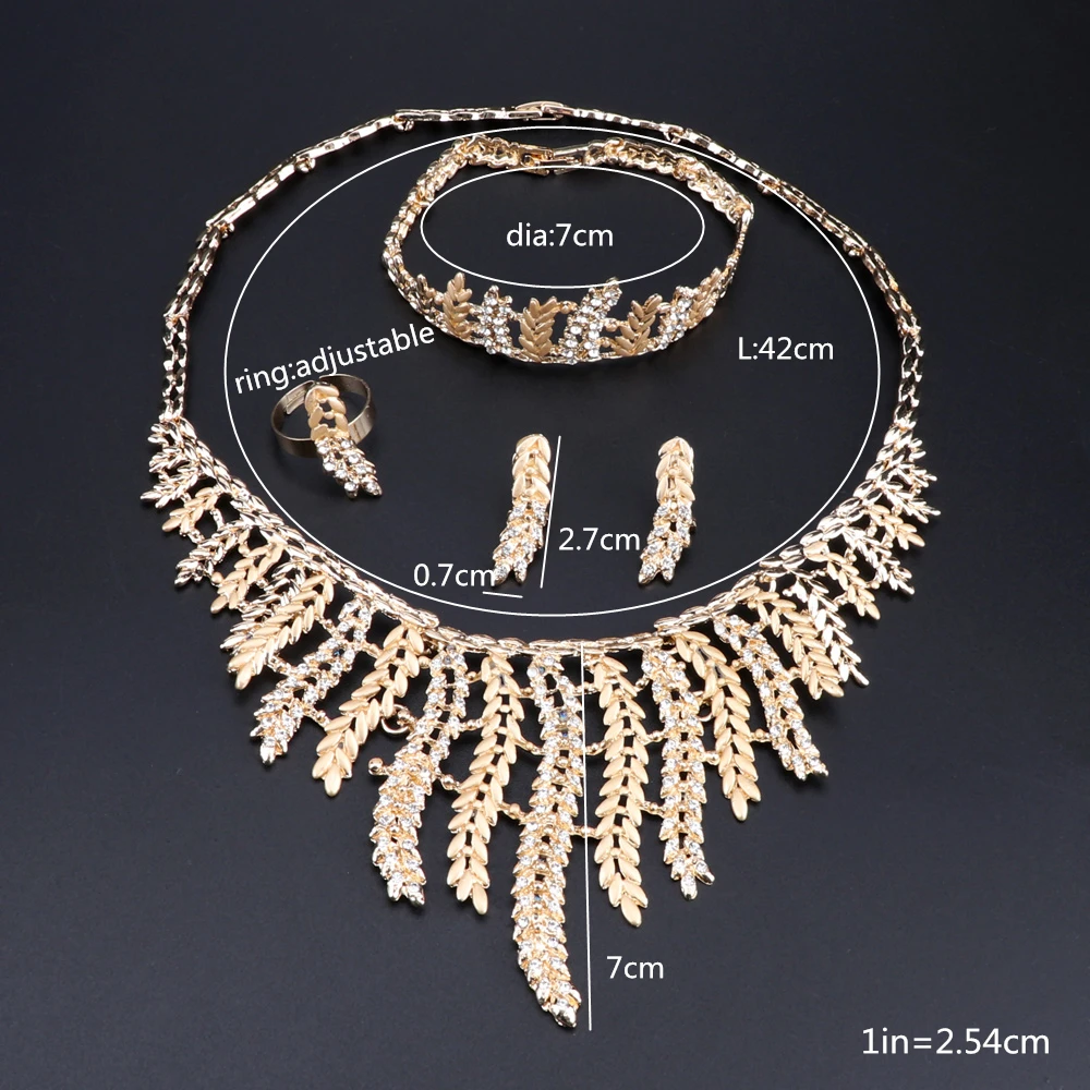 OEOEOS Dubai Jewelry Sets For Ladies African Beads Set Gold Color Wedding Women Leaves Necklace Earrings Bracelet Ring | Украшения и