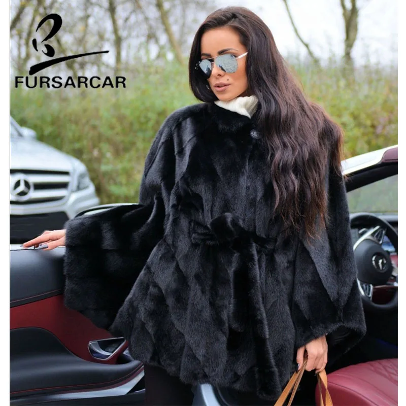 FURSARCAR Whole Pelt Real Mink Fur Coat Women Winter Bat Sleeve Coat With Hood Top Quality New Style Female Nature Mink Fur Coat