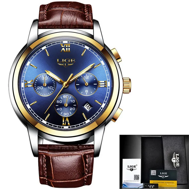 leather gold blue Мужские часы Montre Homme, люксовый бренд, LIGE, хронограф, мужские спортивные часы, водонепроницаемые, полностью стальные, кварцевые, мужские часы, Relogio Masculino - Цвет: leather gold blue