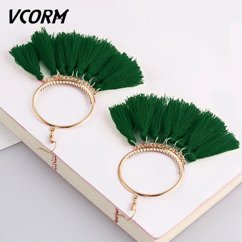 Green VCORM, богемные серьги с кисточками, большие висячие серьги для женщин, модные ювелирные изделия, серьги, красный, черный, хлопок, шелк, ткань, бахрома, серьги, подарок - Окраска металла: Green