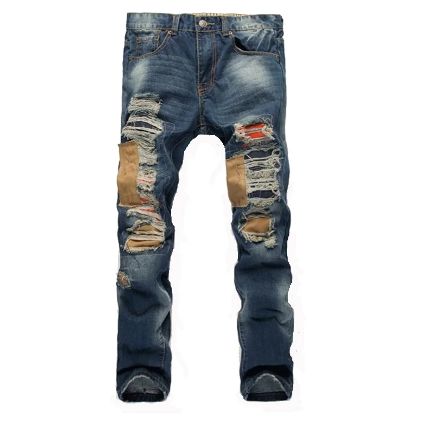 2018 г. мужские Новые Джинсы Свободные отверстия Лоскутная Slim Fit прямые джинсы
