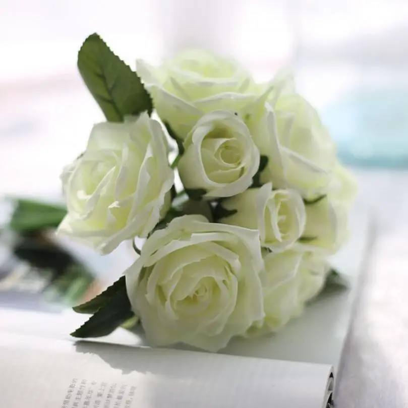 

1 bouquet/ 9 Heads Rose Artificial Silk Fake Flowers Leaf Rose Wedding Bouquet Floral Home Party Decor Hot Selling 50P