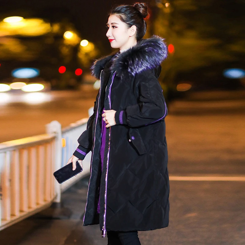 

Plus size winter coat new slim fur collar hooded long section ladies cotton coats fashion thick warm windproof parkas outerwear