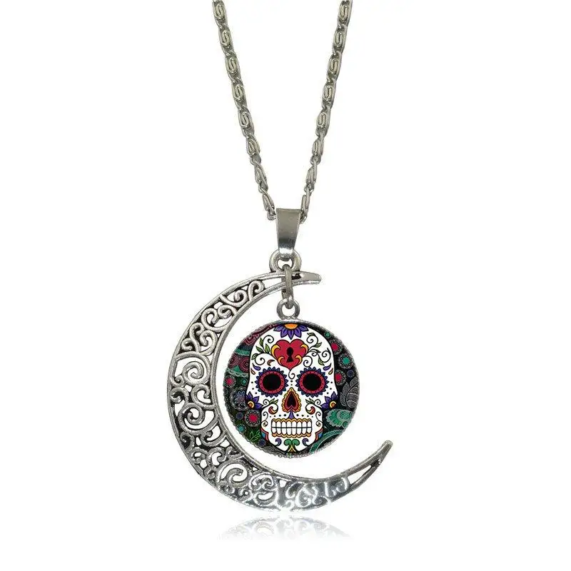 EJ Glaze Glass Cabochon Choker Moon Pendant Necklace Silver Color Jewelry For Women Girl Gift Mexican Sugar Skull | Украшения и