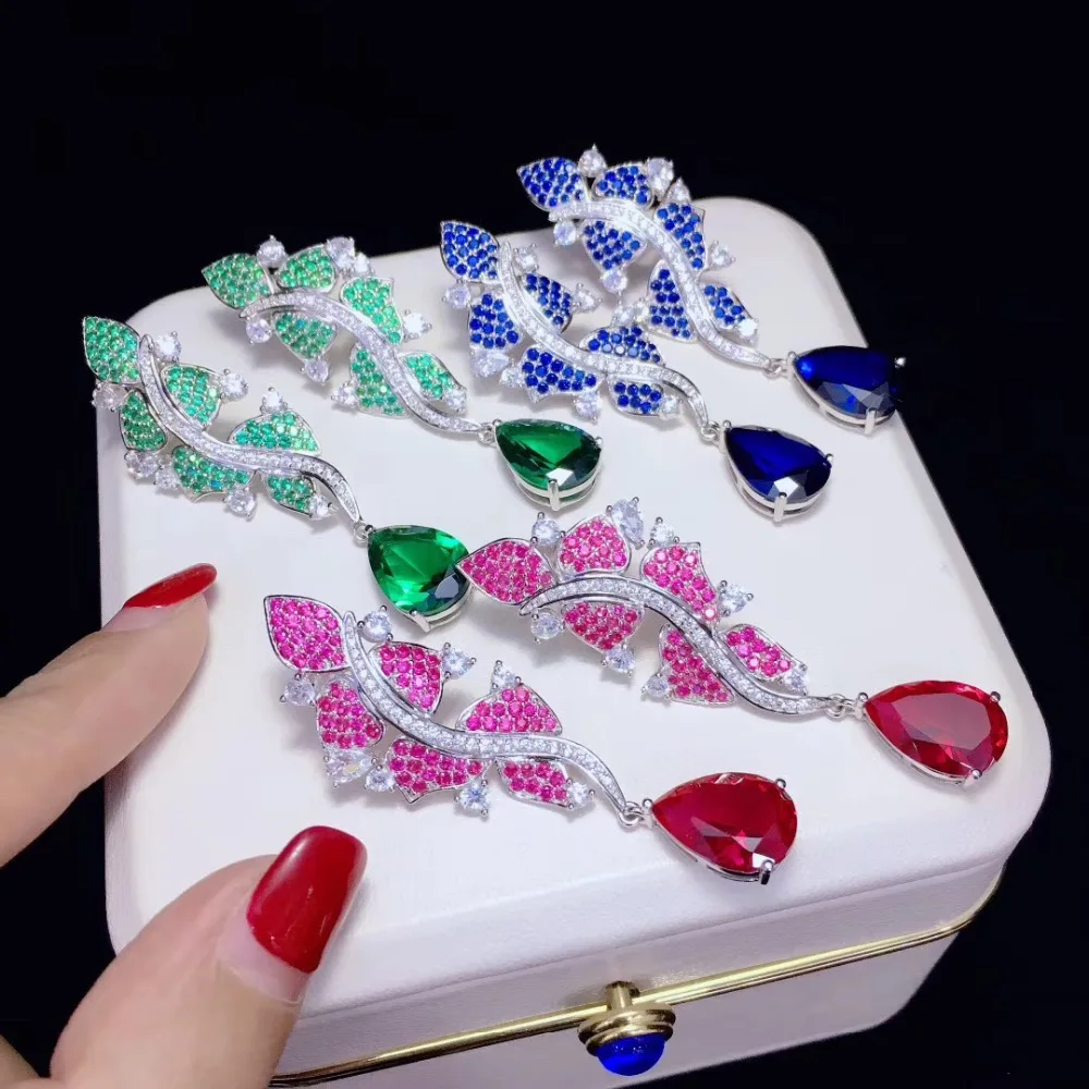 

925 sterling silver with cubic zircon leaf dangle earring fine women jewelry green blue rose red color free shipping