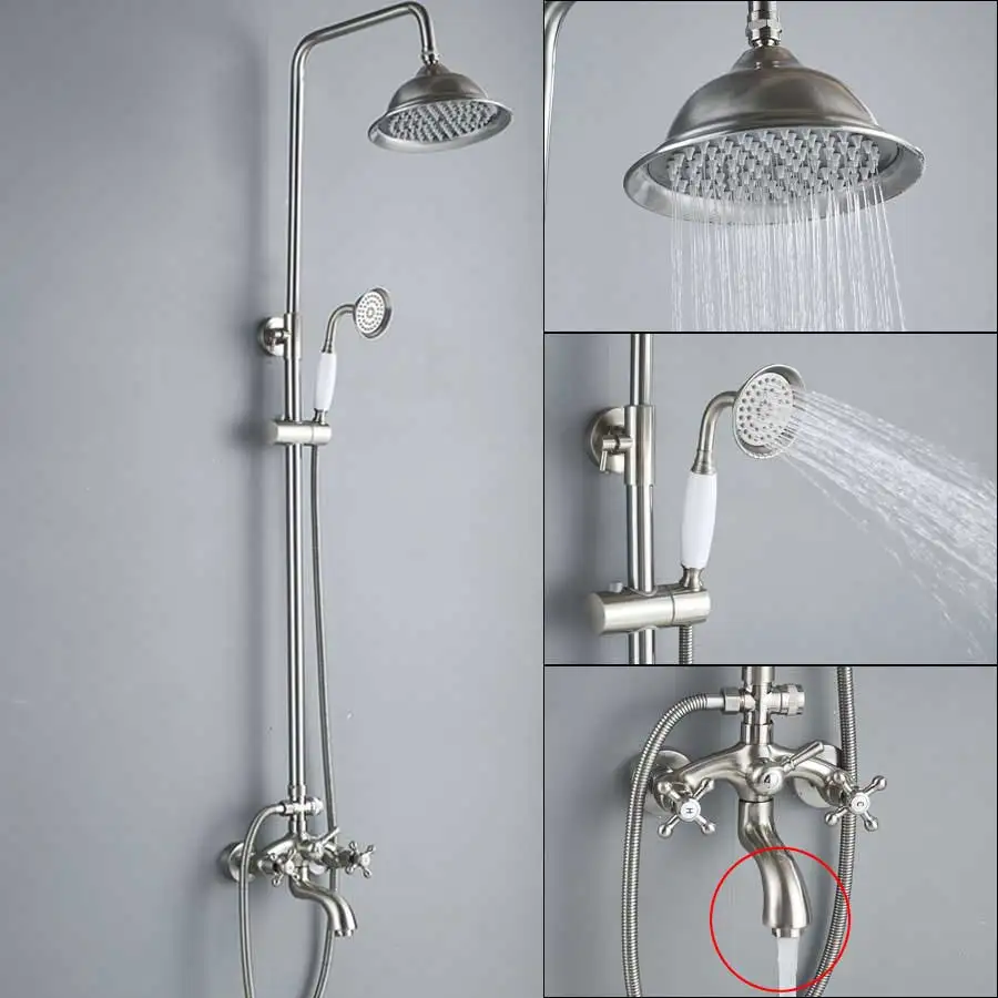 Brushed Nickel D Никелевый матовый смеситель для ванной комнаты, набор для душа 8 дюймов, насадка для душа с двойной ручкой+ носик для ванны+ ручной смеситель для душа - Цвет: Brushed Nickel D