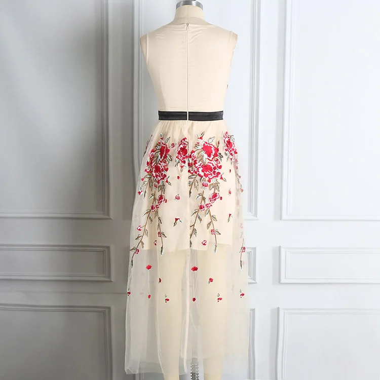 Хорошее качество 2017 новый летний dress женщины без рукавов марля цветок вышивка длинные платья бежевый синий