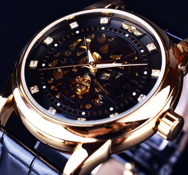 Winner Royal Diamond дизайнерские черные золотые часы Montre Homme мужские часы лучший бренд класса люкс Relogio мужские механические часы со скелетом - Цвет: Black Golden