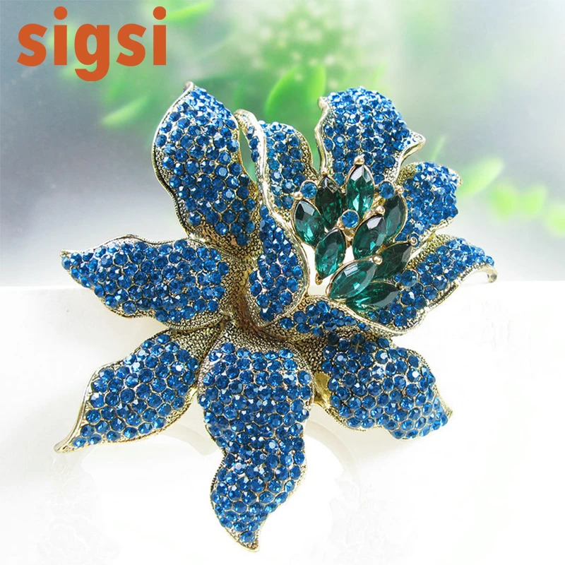 Beste Blauw Groene Orchidee Bloem Crystal Broche Vintage Bruiloft Accessoires Bruidsboeket Broche Voor Sash Gesp Decoratie 10.0 Cm * 9 Cm