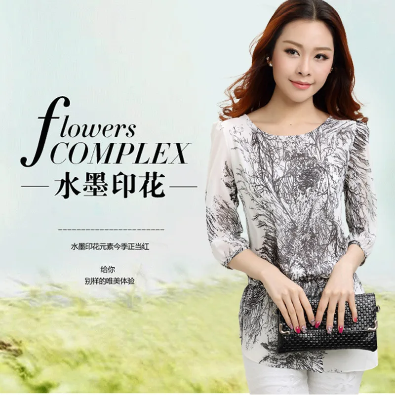 Белая блузка 2014 новые летние большой Размеры Для женщин живописи тушью печатных