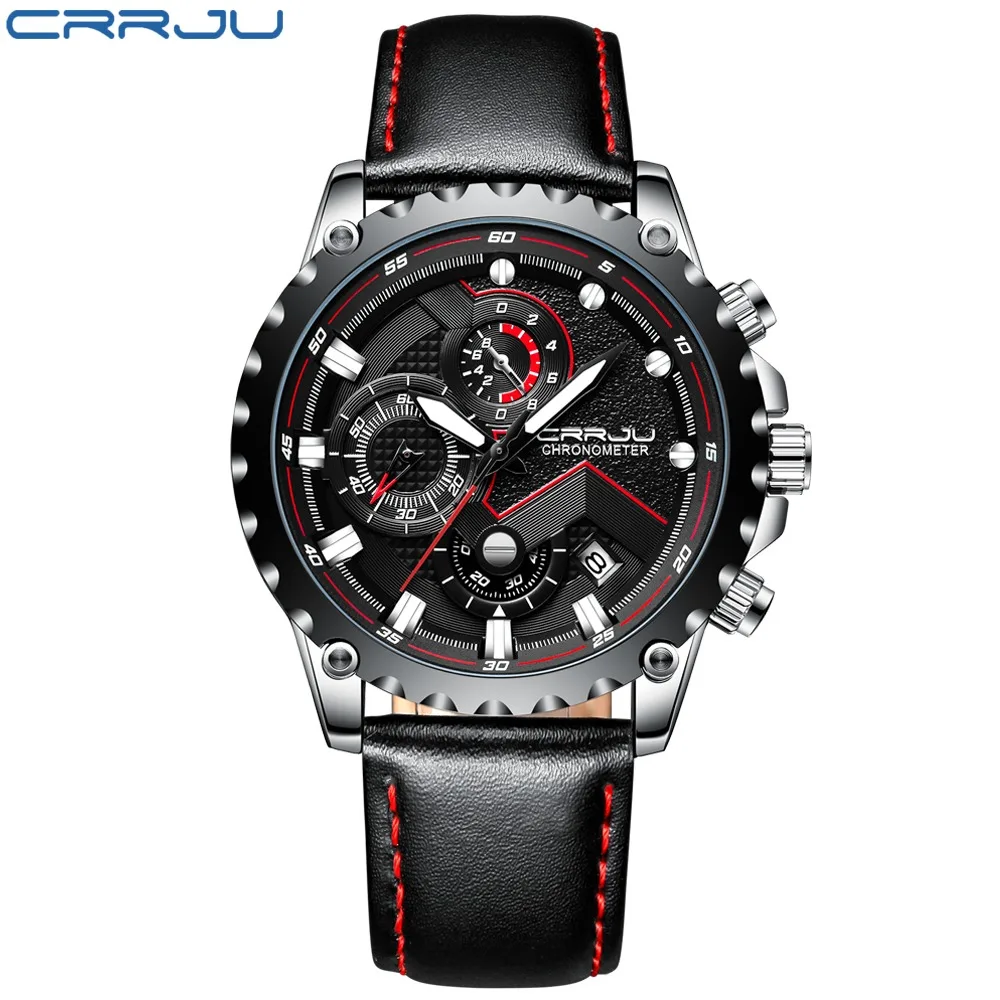silver black Мужские Роскошные Бизнес Кварцевые часы CRRJU лучший бренд класса люкс мужские военные спортивные наручные часы с кожаным ремешком Relogio Masculino - Цвет: silver black